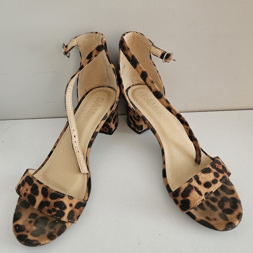 Bella Marie Leopard Faux Suede Ankle-Strap Open Toe Block Heel Sandal- Size 8.5 - Picture 2 of 5